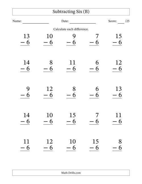 The Subtracting Six With Differences from 0 to 9 – 25 Large Print Questions (B) Math Worksheet