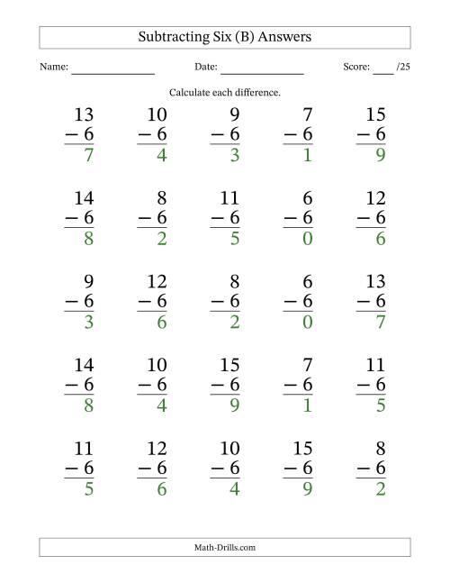 The Subtracting Six With Differences from 0 to 9 – 25 Large Print Questions (B) Math Worksheet Page 2
