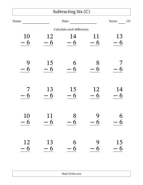 The Subtracting Six With Differences from 0 to 9 – 25 Large Print Questions (C) Math Worksheet