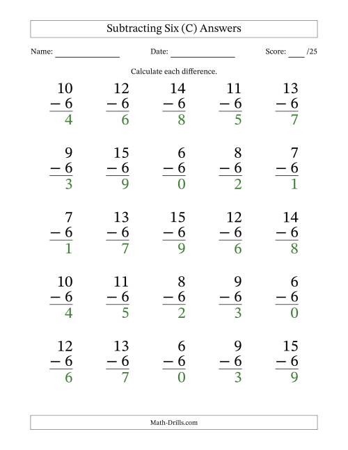 The Subtracting Six With Differences from 0 to 9 – 25 Large Print Questions (C) Math Worksheet Page 2