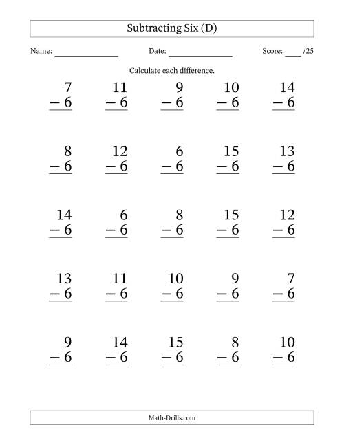 The Subtracting Six With Differences from 0 to 9 – 25 Large Print Questions (D) Math Worksheet