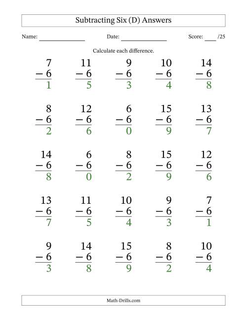 The Subtracting Six With Differences from 0 to 9 – 25 Large Print Questions (D) Math Worksheet Page 2