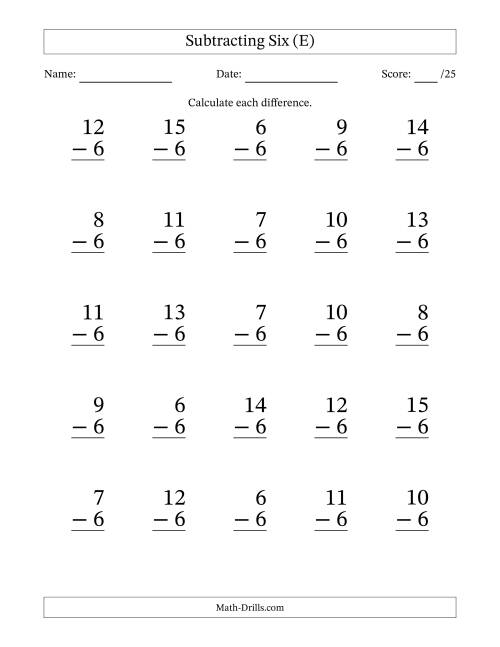 The Subtracting Six With Differences from 0 to 9 – 25 Large Print Questions (E) Math Worksheet