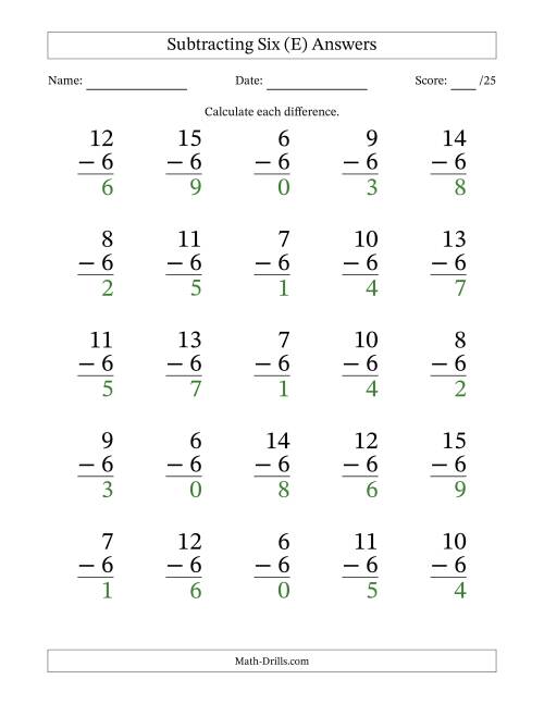 The Subtracting Six With Differences from 0 to 9 – 25 Large Print Questions (E) Math Worksheet Page 2