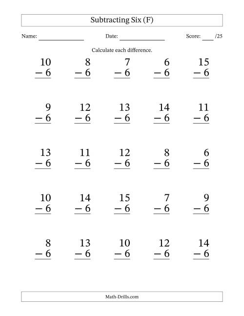 The Subtracting Six With Differences from 0 to 9 – 25 Large Print Questions (F) Math Worksheet