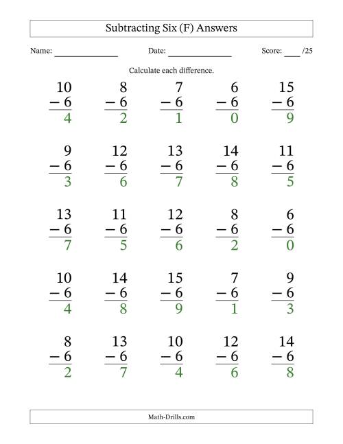 The Subtracting Six With Differences from 0 to 9 – 25 Large Print Questions (F) Math Worksheet Page 2