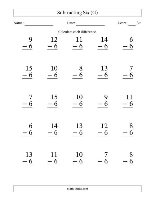 The Subtracting Six With Differences from 0 to 9 – 25 Large Print Questions (G) Math Worksheet
