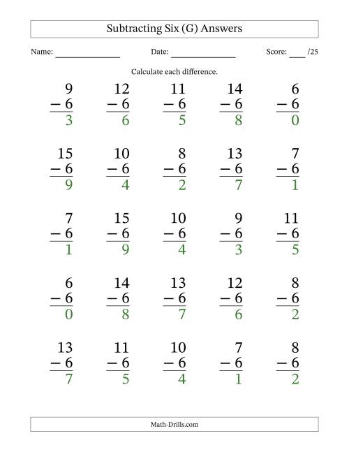 The Subtracting Six With Differences from 0 to 9 – 25 Large Print Questions (G) Math Worksheet Page 2