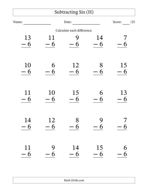 The Subtracting Six With Differences from 0 to 9 – 25 Large Print Questions (H) Math Worksheet