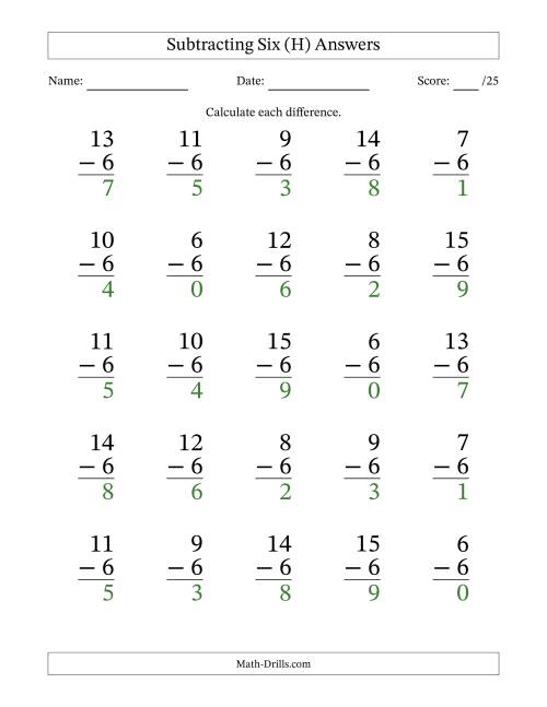 The Subtracting Six With Differences from 0 to 9 – 25 Large Print Questions (H) Math Worksheet Page 2