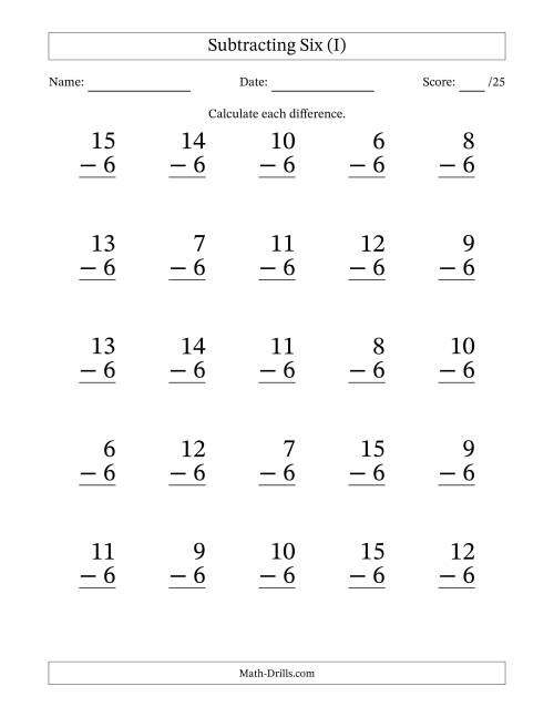 The Subtracting Six With Differences from 0 to 9 – 25 Large Print Questions (I) Math Worksheet
