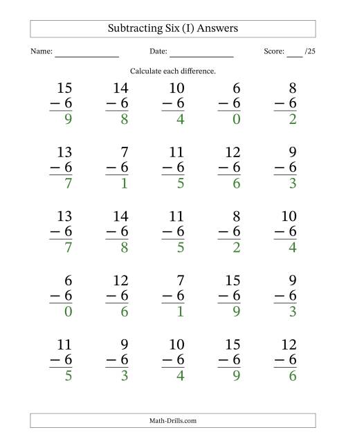The Subtracting Six With Differences from 0 to 9 – 25 Large Print Questions (I) Math Worksheet Page 2