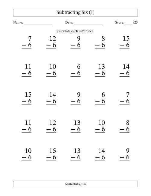 The Subtracting Six With Differences from 0 to 9 – 25 Large Print Questions (J) Math Worksheet