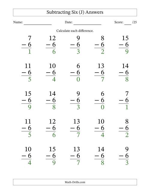 The Subtracting Six With Differences from 0 to 9 – 25 Large Print Questions (J) Math Worksheet Page 2
