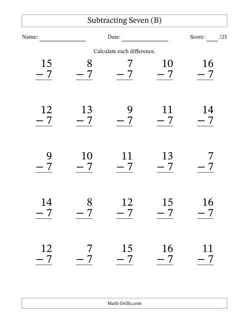 The Subtracting Seven With Differences from 0 to 9 – 25 Large Print Questions (B) Math Worksheet
