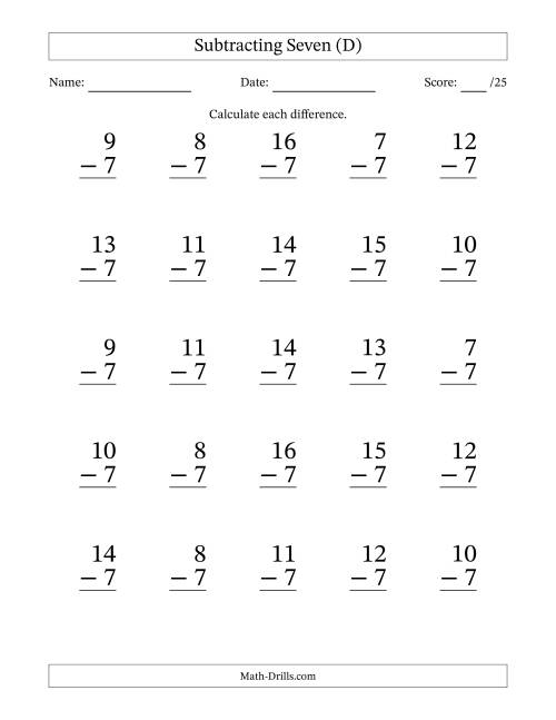 The Subtracting Seven With Differences from 0 to 9 – 25 Large Print Questions (D) Math Worksheet