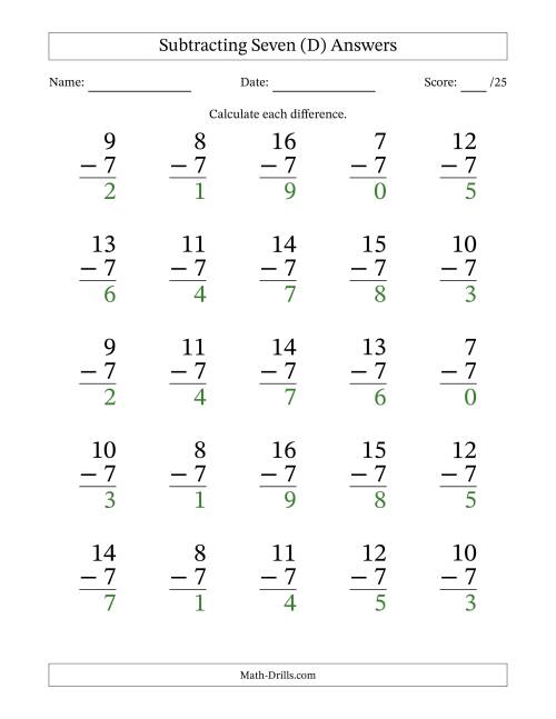 The Subtracting Seven With Differences from 0 to 9 – 25 Large Print Questions (D) Math Worksheet Page 2