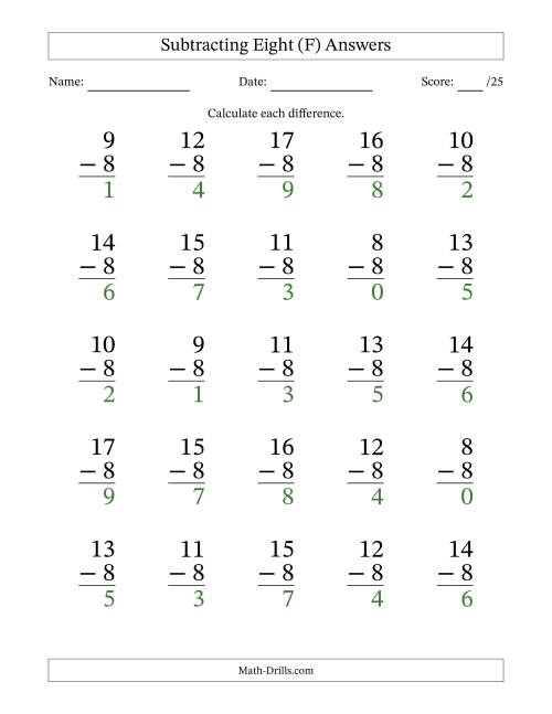 The Subtracting Eight (8) with Differences 0 to 9 (25 Questions) (F) Math Worksheet Page 2