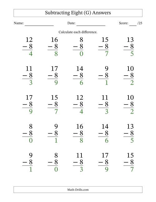 The Subtracting Eight (8) with Differences 0 to 9 (25 Questions) (G) Math Worksheet Page 2