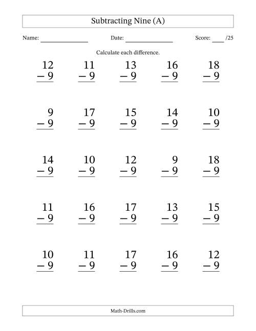 The Subtracting Nine With Differences from 0 to 9 – 25 Large Print Questions (A) Math Worksheet