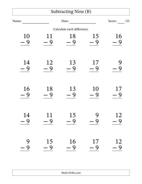 The Subtracting Nine (9) with Differences 0 to 9 (25 Questions) (B) Math Worksheet