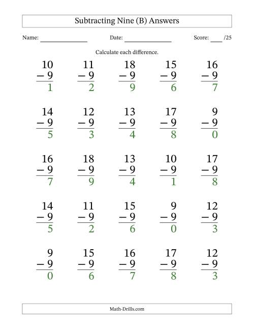 The Subtracting Nine (9) with Differences 0 to 9 (25 Questions) (B) Math Worksheet Page 2