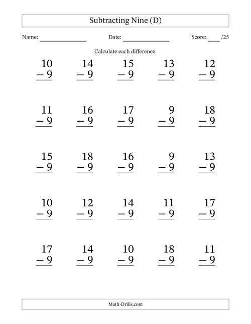 The Subtracting Nine With Differences from 0 to 9 – 25 Large Print Questions (D) Math Worksheet