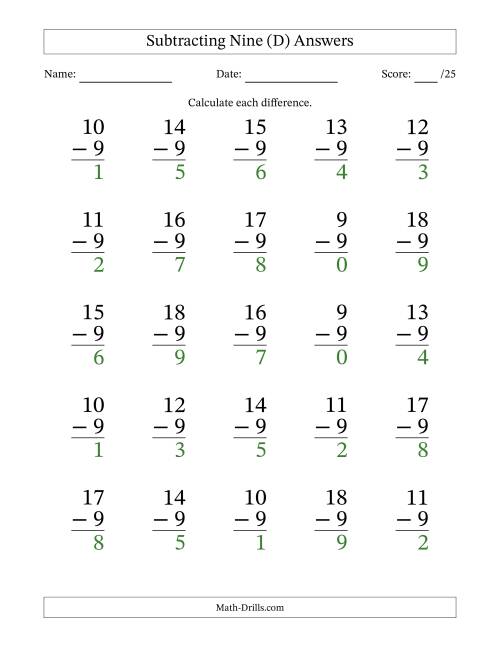 The Subtracting Nine With Differences from 0 to 9 – 25 Large Print Questions (D) Math Worksheet Page 2