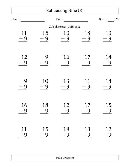 The Subtracting Nine With Differences from 0 to 9 – 25 Large Print Questions (E) Math Worksheet