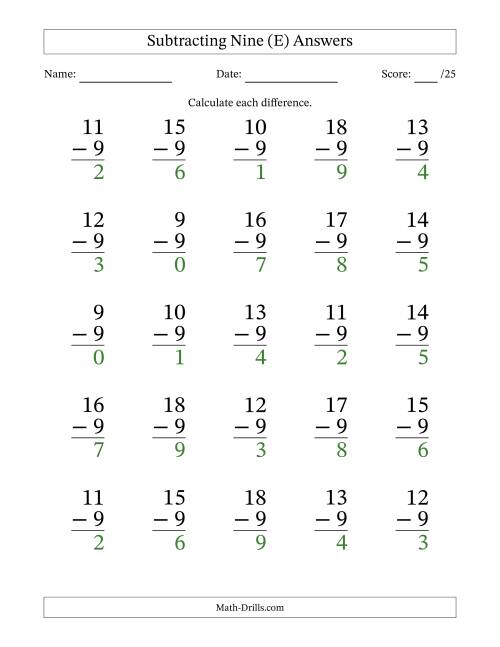 The Subtracting Nine With Differences from 0 to 9 – 25 Large Print Questions (E) Math Worksheet Page 2