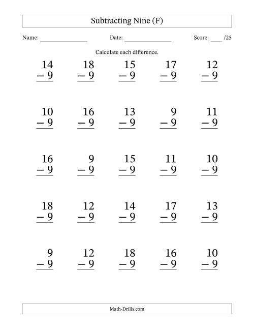 The Subtracting Nine With Differences from 0 to 9 – 25 Large Print Questions (F) Math Worksheet