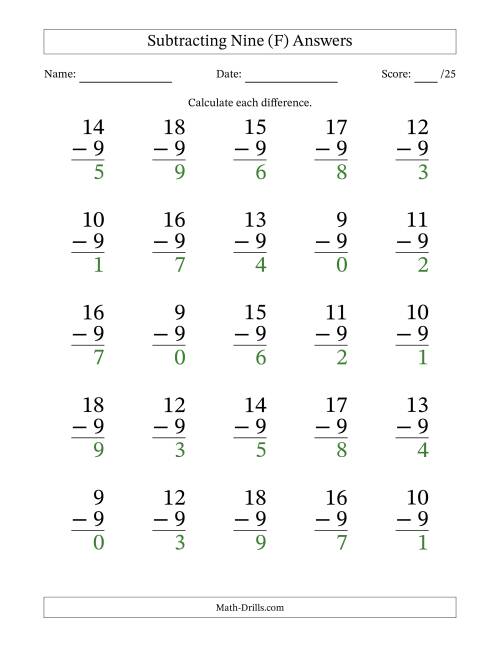 The Subtracting Nine With Differences from 0 to 9 – 25 Large Print Questions (F) Math Worksheet Page 2