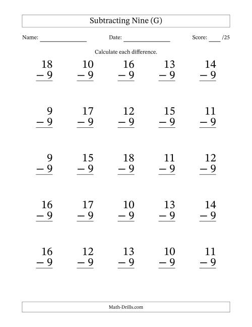 The Subtracting Nine With Differences from 0 to 9 – 25 Large Print Questions (G) Math Worksheet