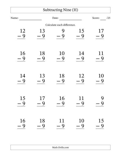 The Subtracting Nine With Differences from 0 to 9 – 25 Large Print Questions (H) Math Worksheet