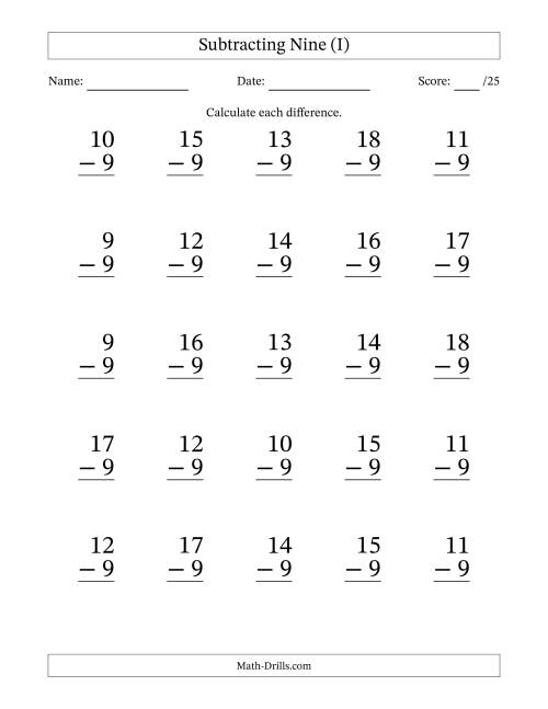 The Subtracting Nine With Differences from 0 to 9 – 25 Large Print Questions (I) Math Worksheet