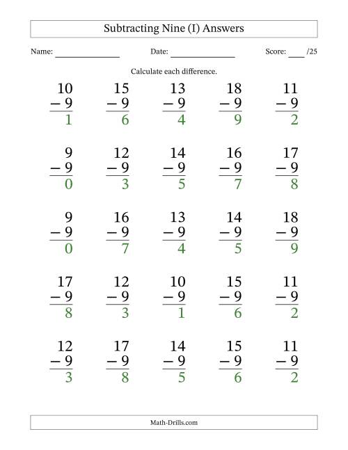 The Subtracting Nine With Differences from 0 to 9 – 25 Large Print Questions (I) Math Worksheet Page 2