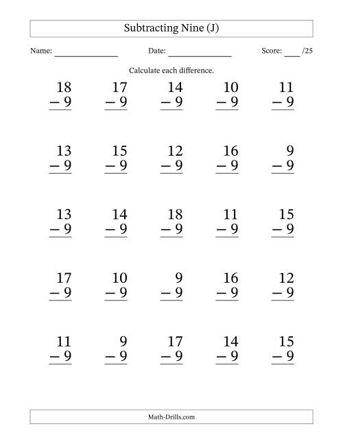 The Subtracting Nine With Differences from 0 to 9 – 25 Large Print Questions (J) Math Worksheet
