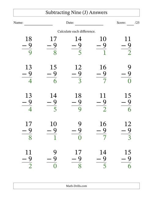 The Subtracting Nine With Differences from 0 to 9 – 25 Large Print Questions (J) Math Worksheet Page 2