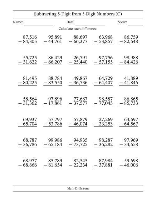 The Subtracting 5-Digit from 5-Digit Numbers With No Regrouping (35 Questions) (Comma Separated Thousands) (C) Math Worksheet