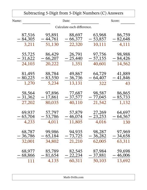 The Subtracting 5-Digit from 5-Digit Numbers With No Regrouping (35 Questions) (Comma Separated Thousands) (C) Math Worksheet Page 2