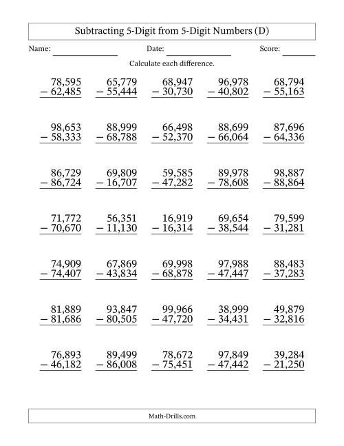 The Subtracting 5-Digit from 5-Digit Numbers With No Regrouping (35 Questions) (Comma Separated Thousands) (D) Math Worksheet