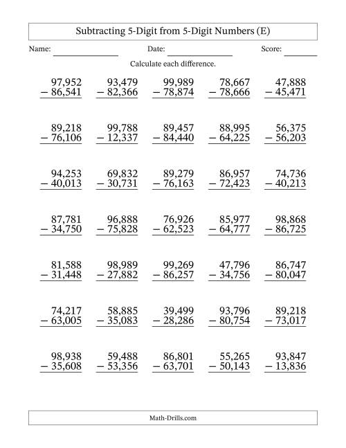 The Subtracting 5-Digit from 5-Digit Numbers With No Regrouping (35 Questions) (Comma Separated Thousands) (E) Math Worksheet