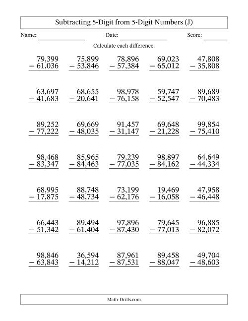The Subtracting 5-Digit from 5-Digit Numbers With No Regrouping (35 Questions) (Comma Separated Thousands) (J) Math Worksheet