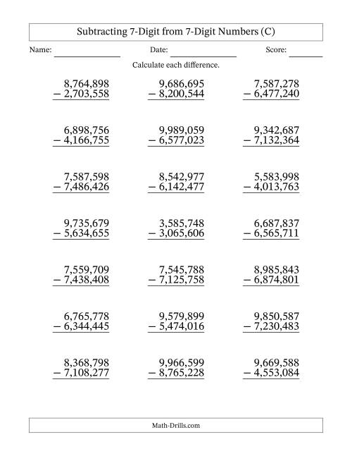 The 7-Digit Minus 7-Digit Subtraction with NO Regrouping with Comma-Separated Thousands (C) Math Worksheet