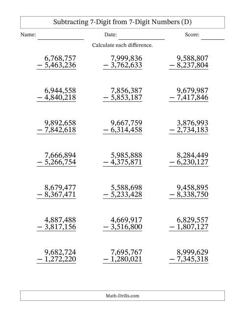 The 7-Digit Minus 7-Digit Subtraction with NO Regrouping with Comma-Separated Thousands (D) Math Worksheet