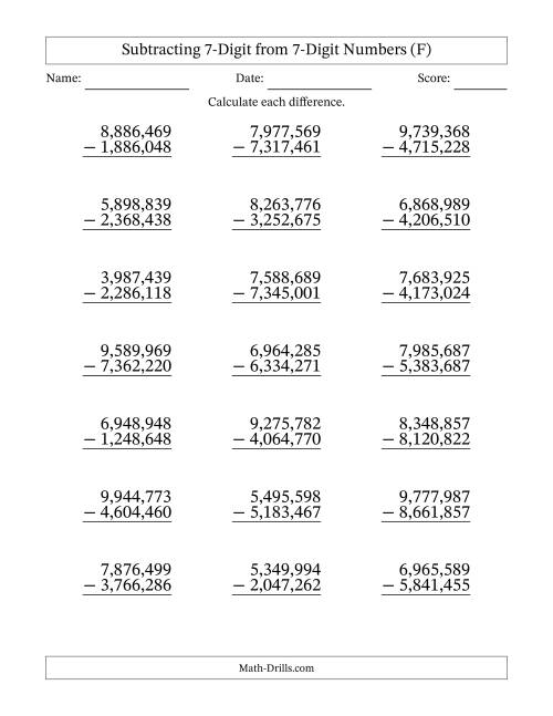 The 7-Digit Minus 7-Digit Subtraction with NO Regrouping with Comma-Separated Thousands (F) Math Worksheet