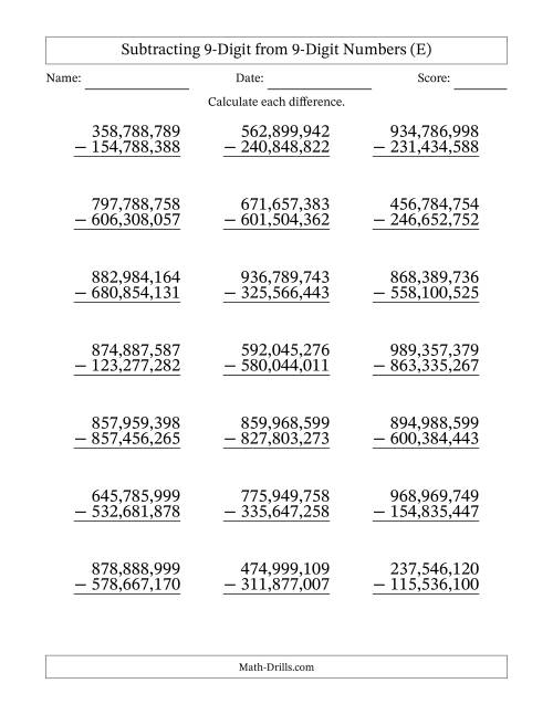 The Subtracting 9-Digit from 9-Digit Numbers With No Regrouping (21 Questions) (Comma Separated Thousands) (E) Math Worksheet