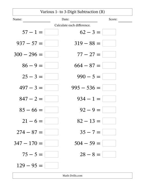 The Horizontally Arranged Various One-Digit to Three-Digit Subtraction(25 Questions; Large Print) (B) Math Worksheet