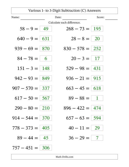 The Horizontally Arranged Various One-Digit to Three-Digit Subtraction(25 Questions; Large Print) (C) Math Worksheet Page 2