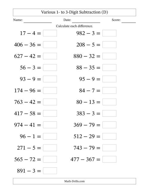 The Horizontally Arranged Various One-Digit to Three-Digit Subtraction(25 Questions; Large Print) (D) Math Worksheet